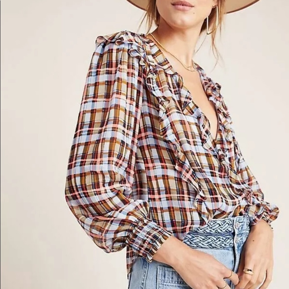 Anthropologie Plaid Ruffle V-Neck Blouse in Brown and Blue